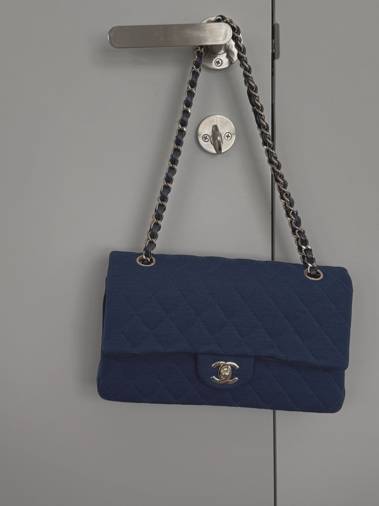 <S-99成新> Chanel CF25 中號 深色牛仔內拼綠色