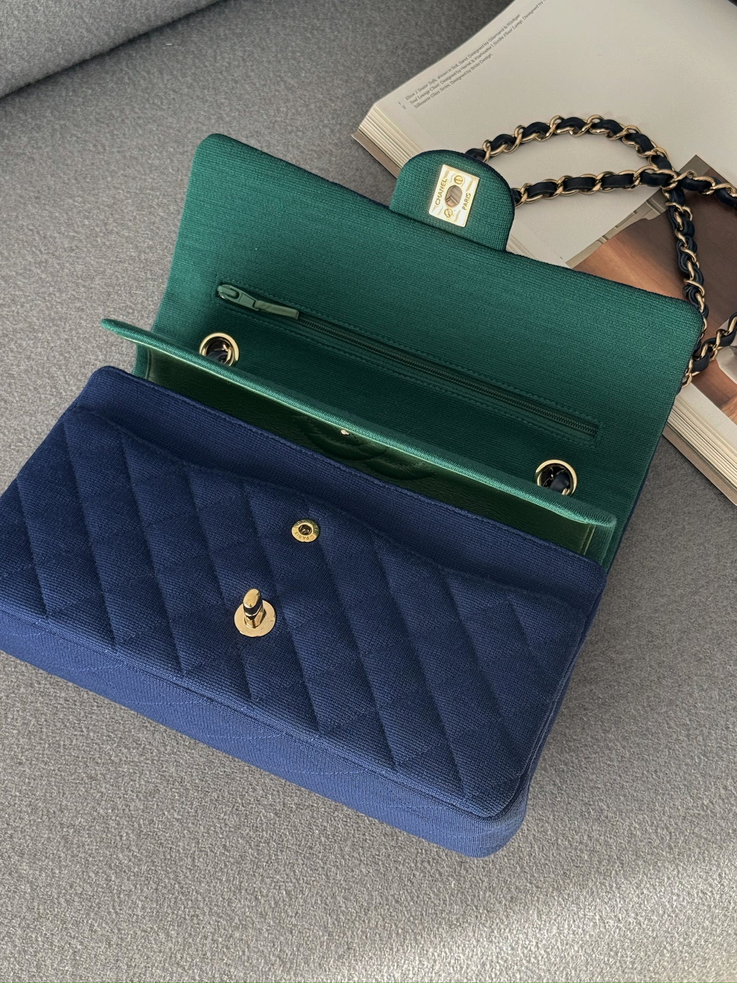 <S-99成新> Chanel CF25 中號 深色牛仔內拼綠色