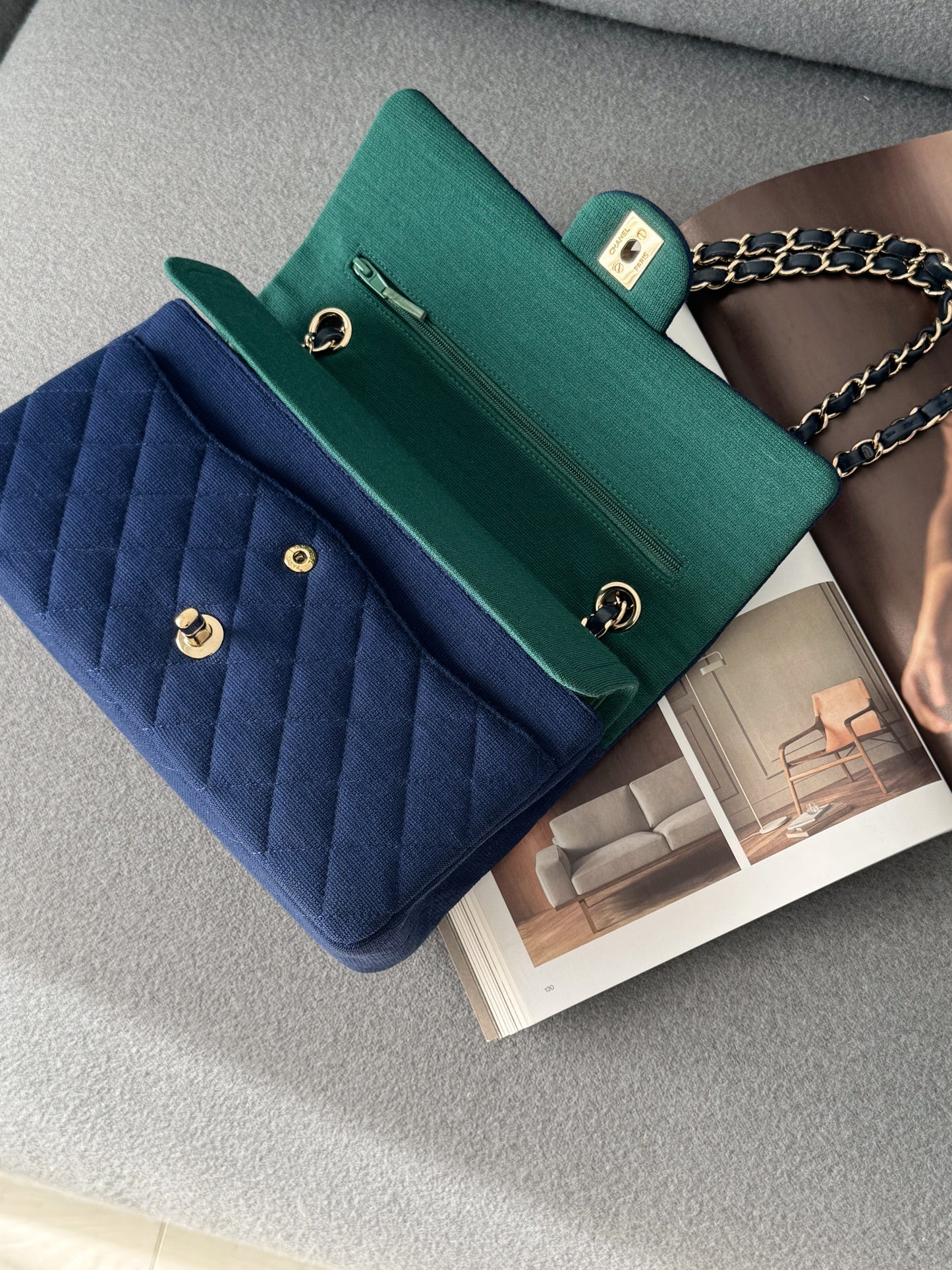 <S-99成新> Chanel CF25 中號 深色牛仔內拼綠色