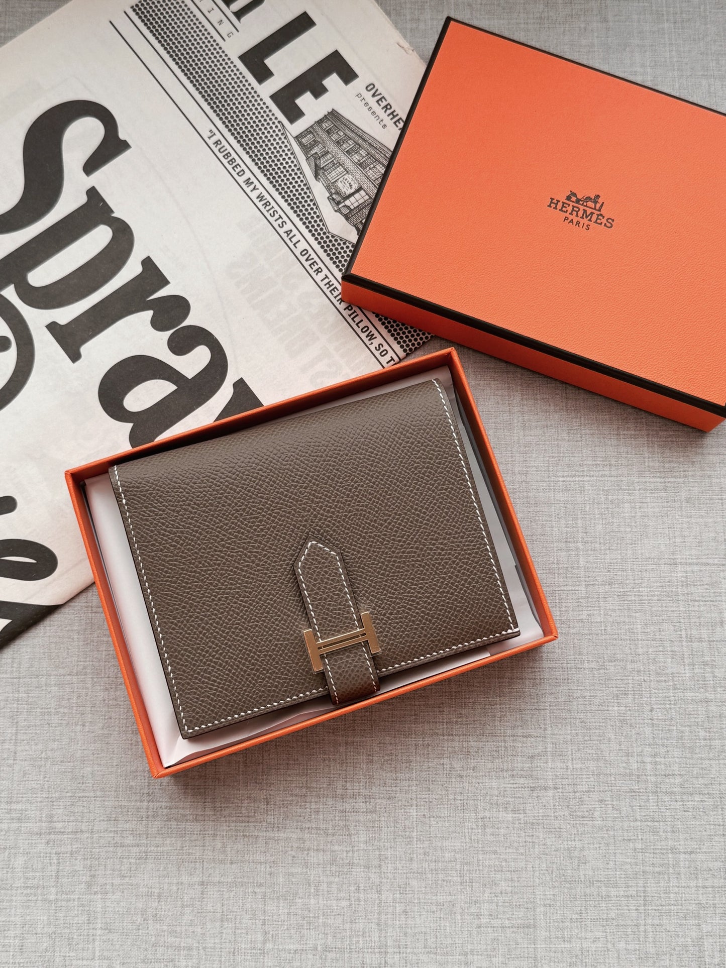 Hermès Bearn Compact Wallet 大象灰金釦