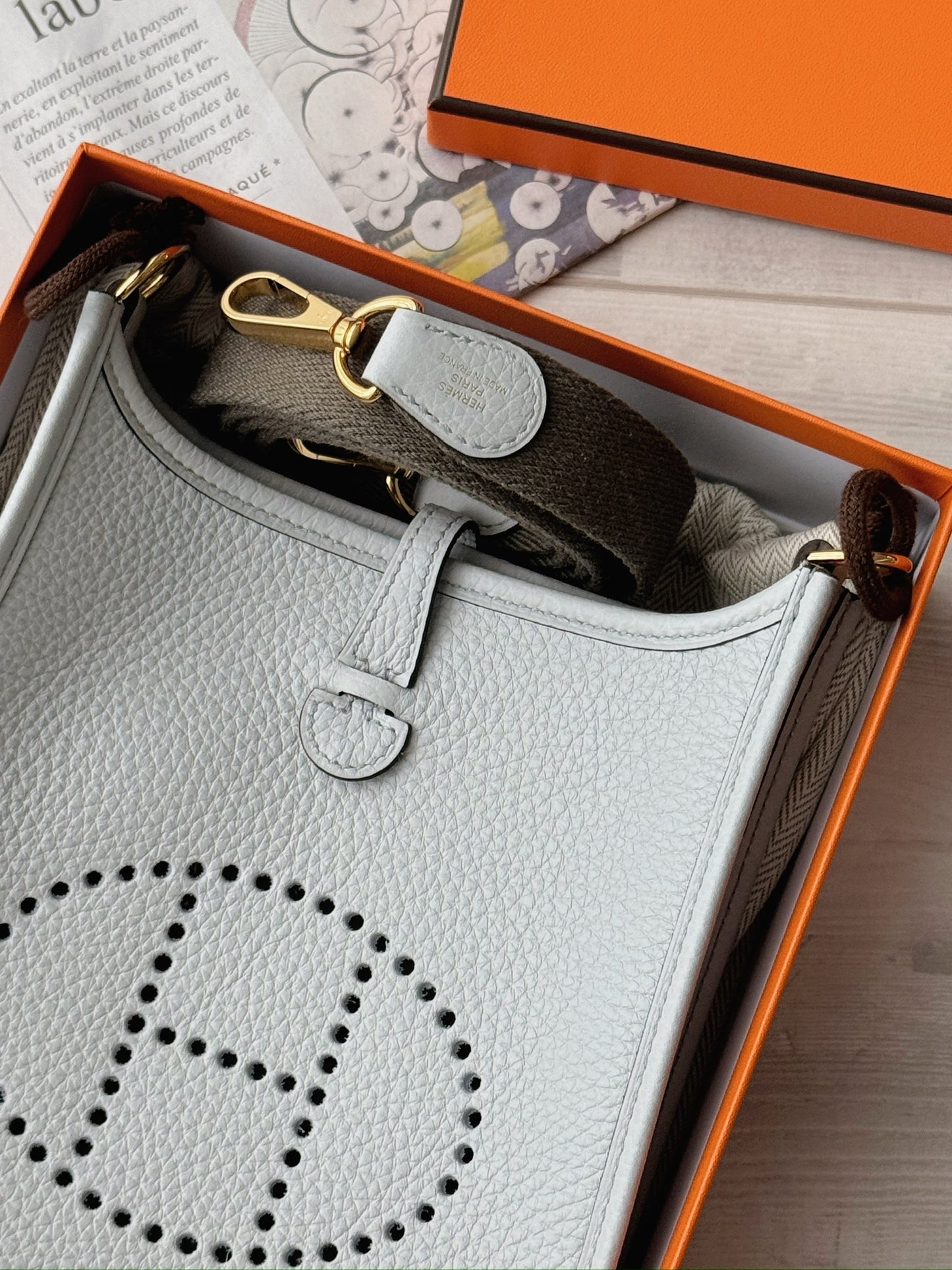 Hermès Mini Evelyne 聖杯藍金釦x錫器灰背帶