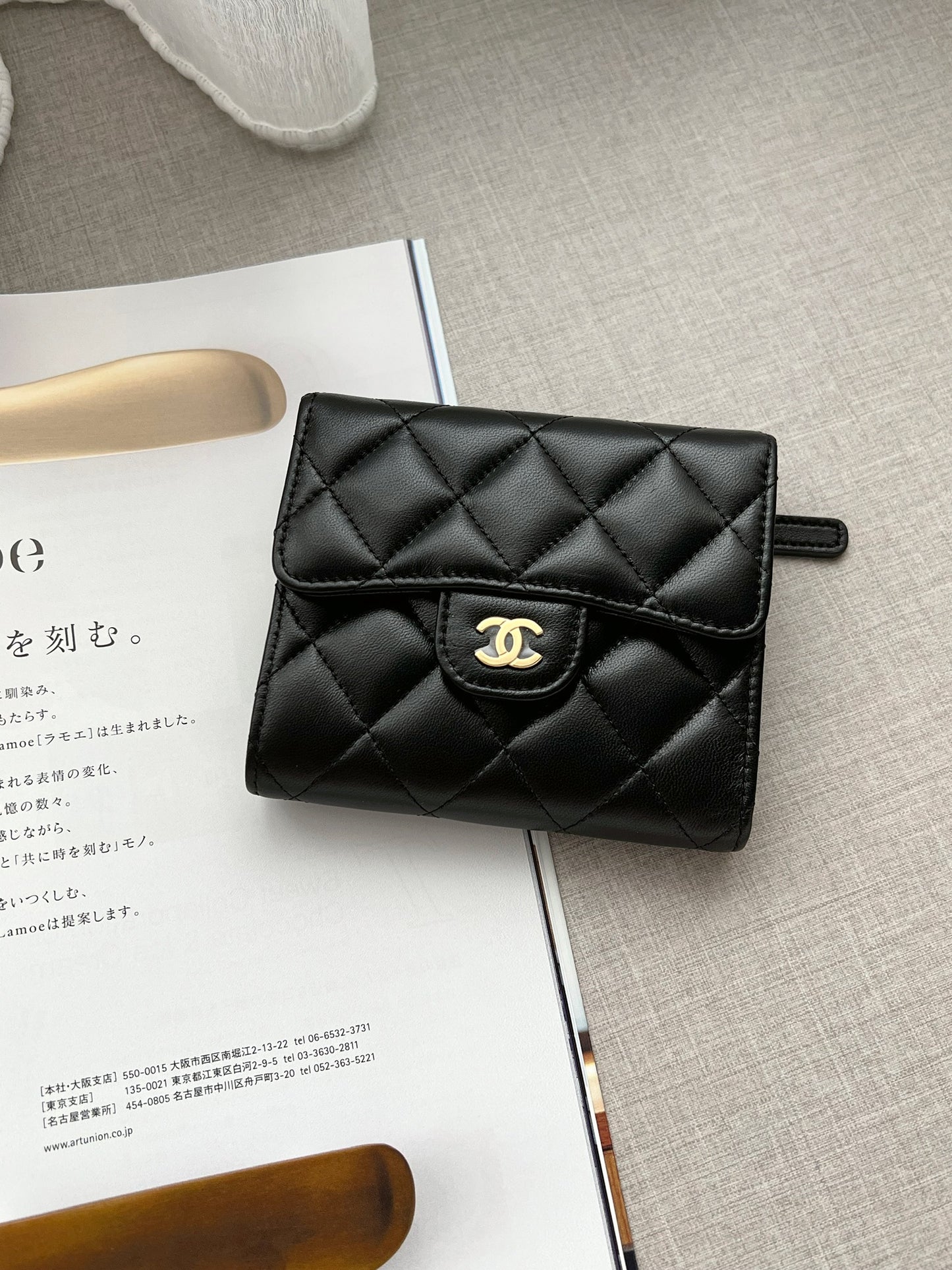 Chanel CF三折短夾 羊皮 黑色金釦