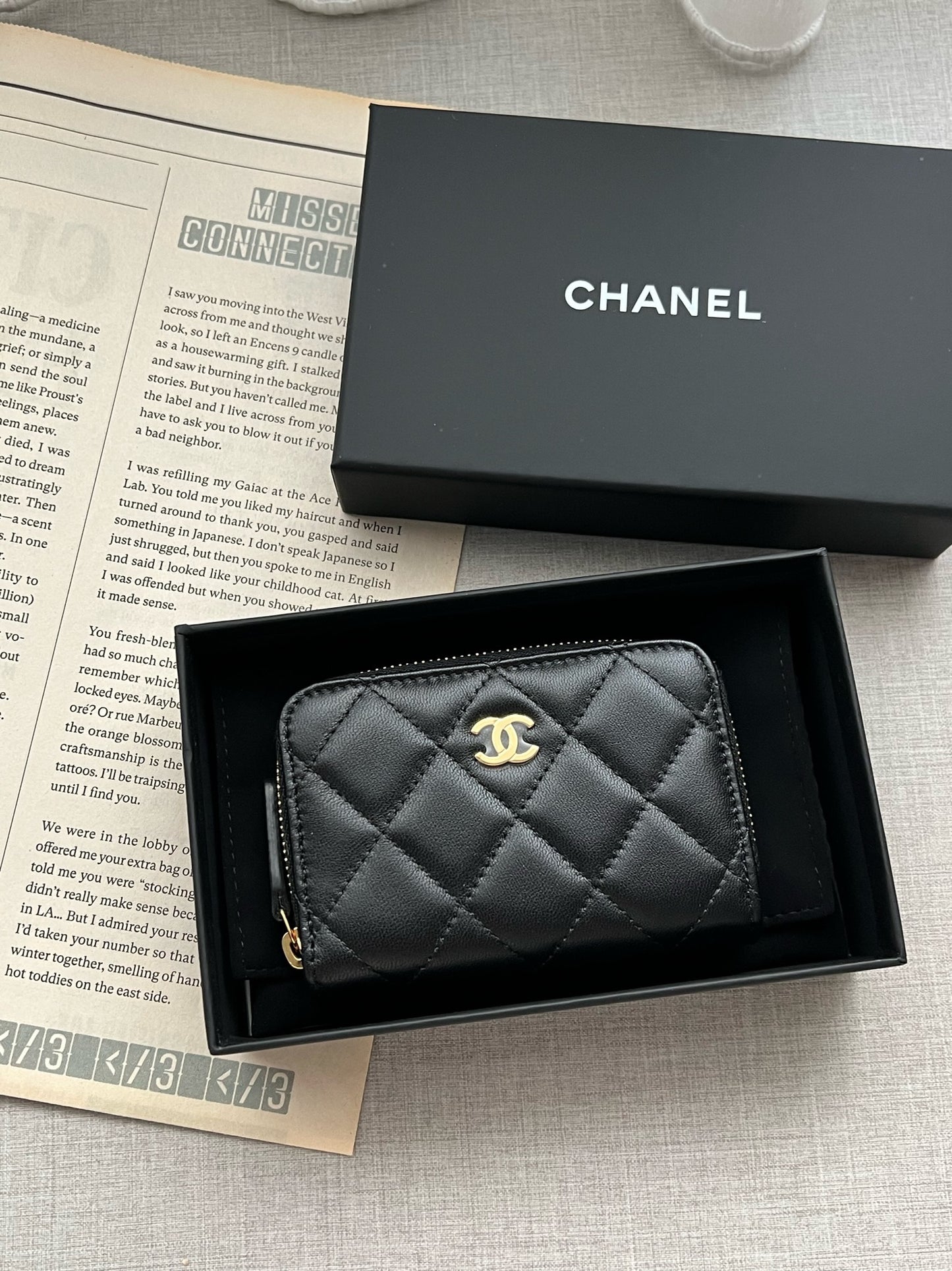 Chanel 經典羊皮拉鍊零錢包 黑色金釦
