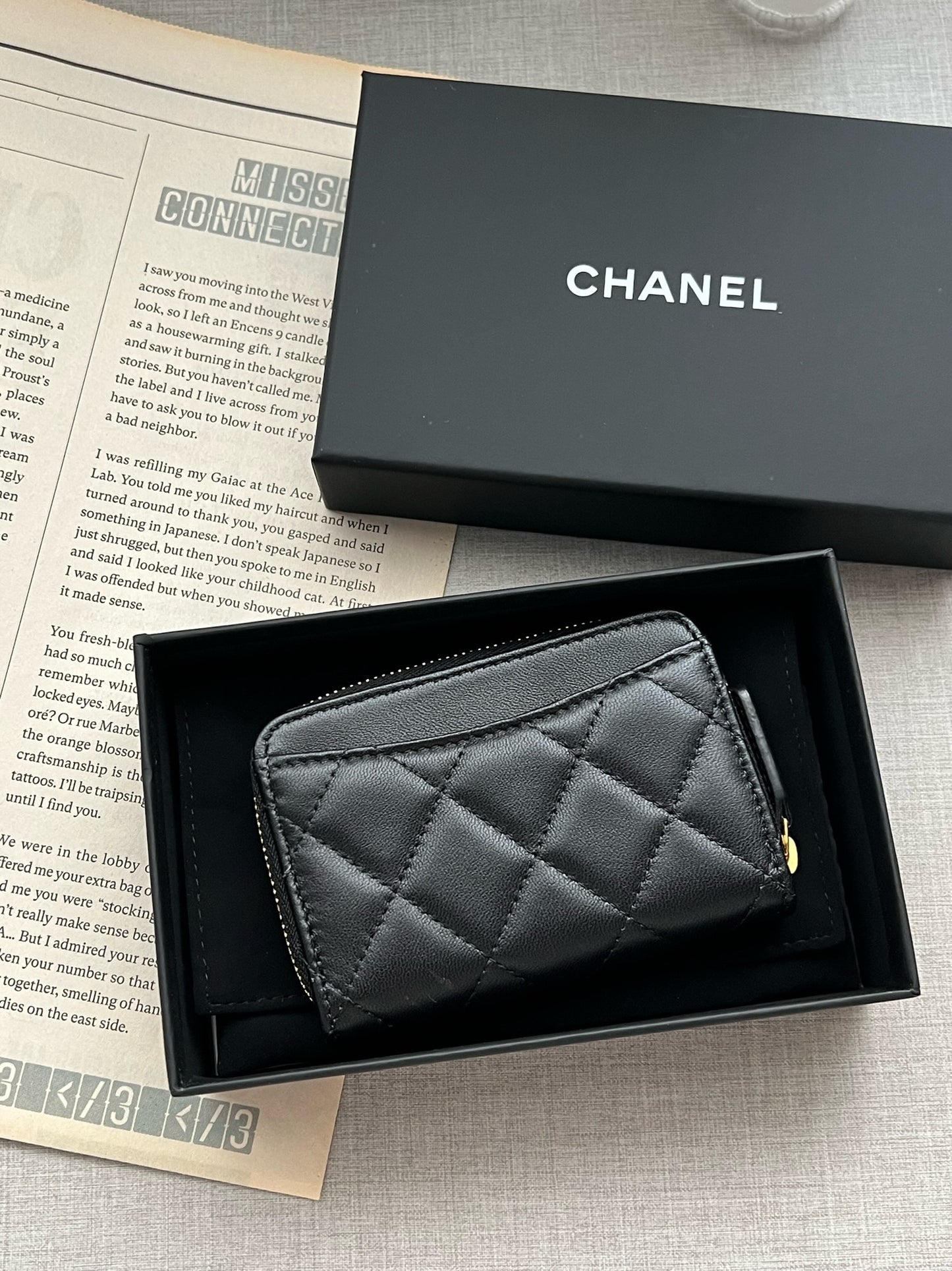 Chanel 經典羊皮拉鍊零錢包 黑色金釦