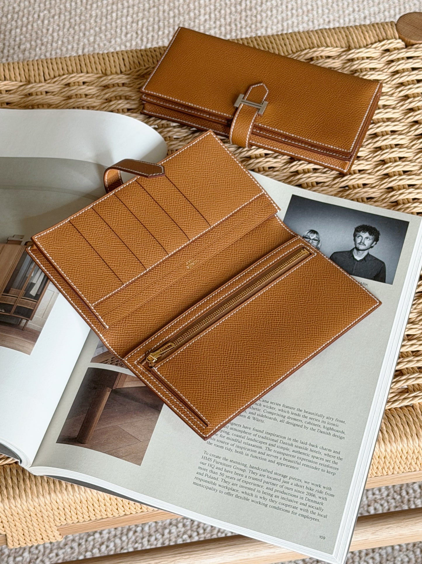 Hermès | Bearn 長夾 金棕色 金釦 Epsom