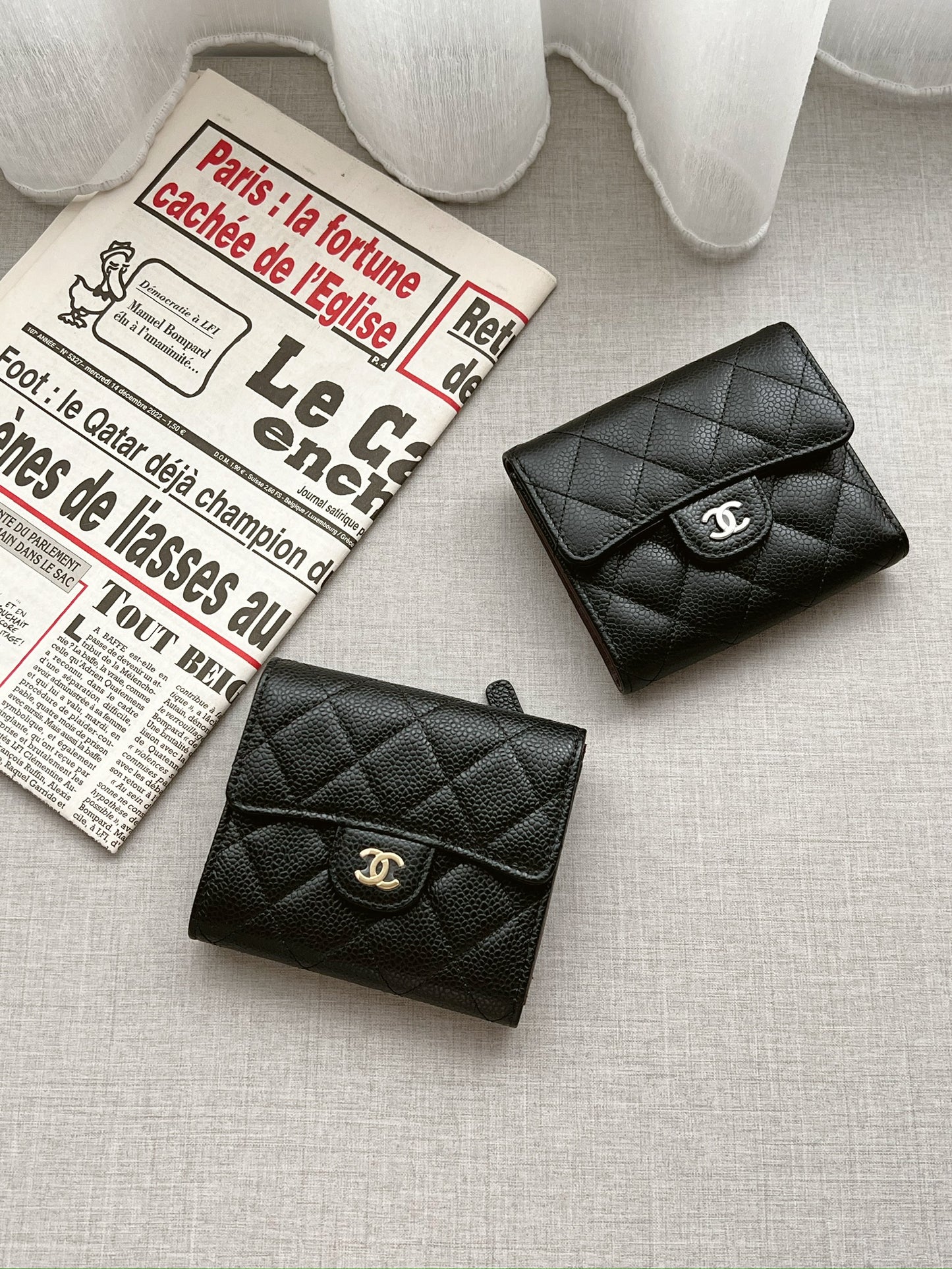 Chanel CF三折短夾 黑色金釦