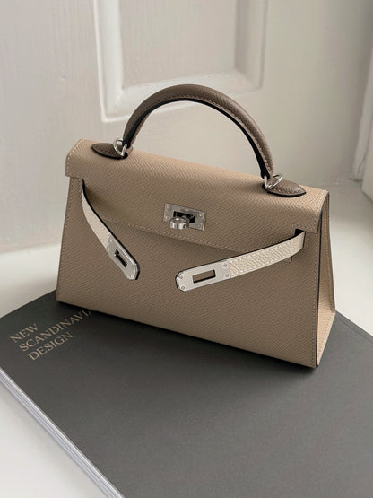 Hermès | Mini Kelly II Trench 風衣灰 × Craie 奶昔白 × Etoupe 大象灰 銀釦 Epsom