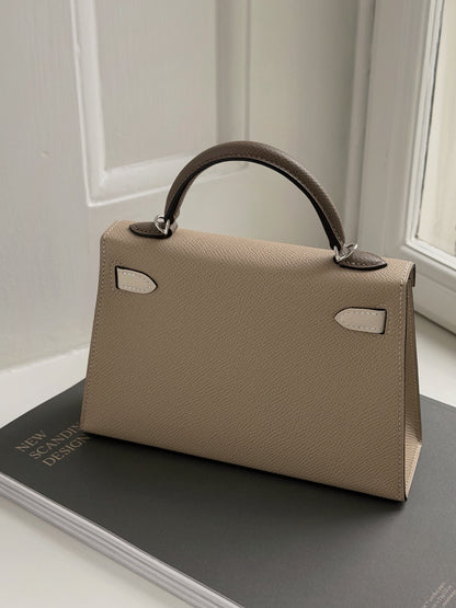 Hermès | Mini Kelly II Trench 風衣灰 × Craie 奶昔白 × Etoupe 大象灰 銀釦 Epsom
