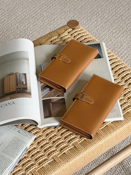 Hermès | Bearn 長夾 金棕色 金釦 Epsom