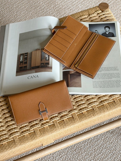 Hermès | Bearn 長夾 金棕色 金釦 Epsom