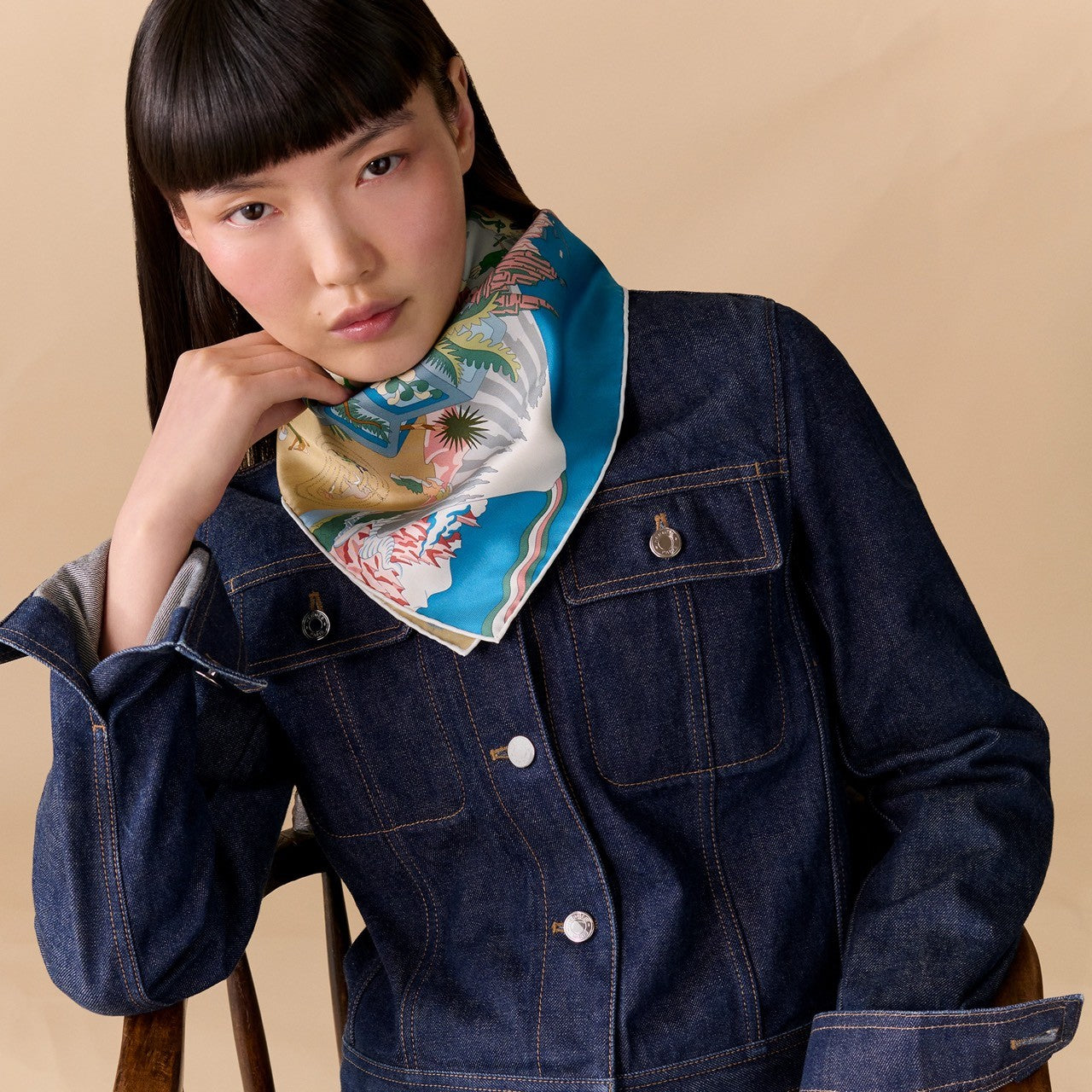 Hermès | 絲巾90 Academia Hippica 馬術學院 米色 × 蔚藍色