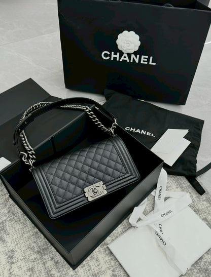 <S - 99成新> Chanel | Boy 25 黑色 荔枝牛皮 銀釦