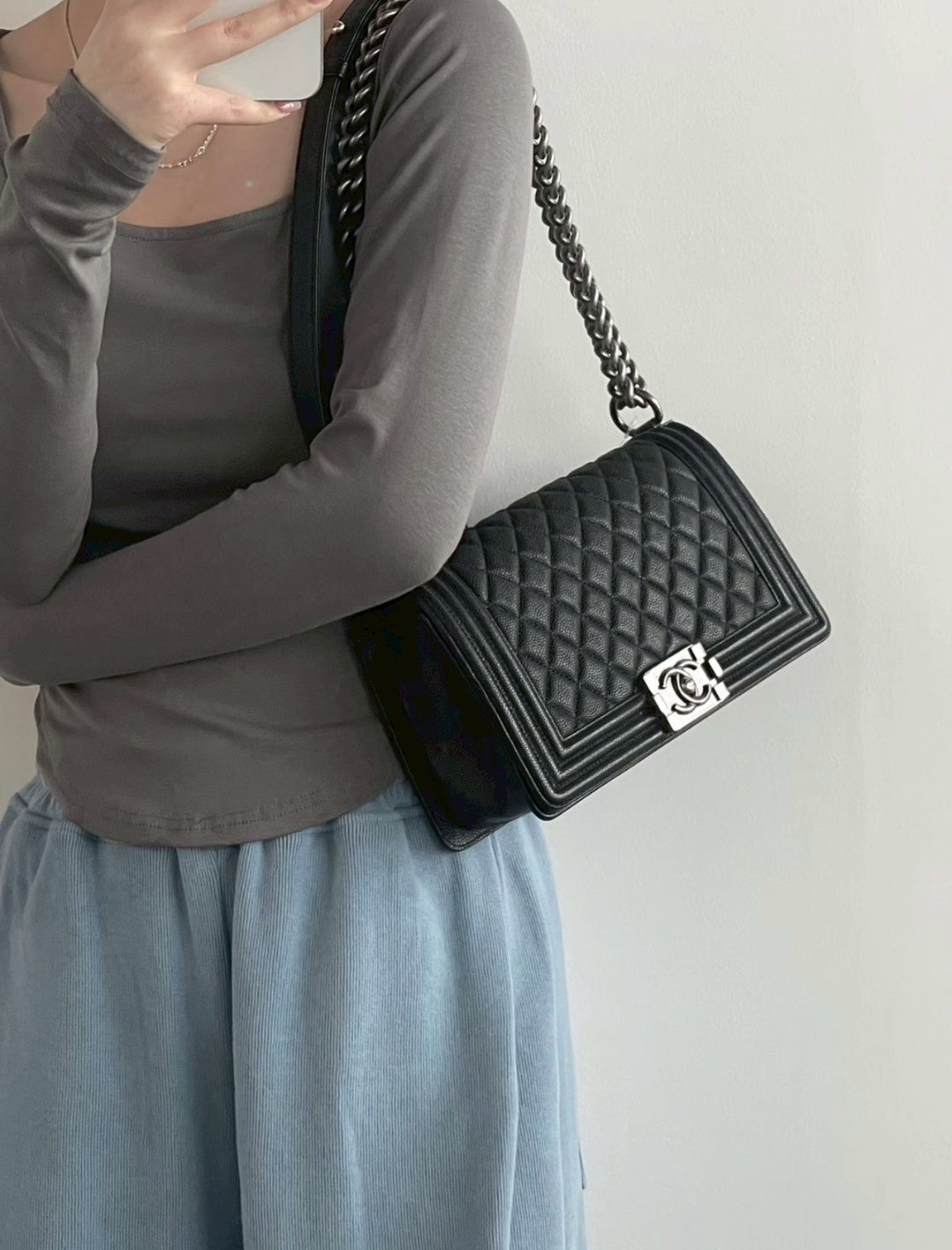 <S - 99成新> Chanel | Boy 25 黑色 荔枝牛皮 銀釦