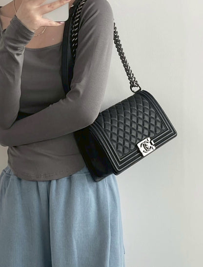 <S - 99成新> Chanel | Boy 25 黑色 荔枝牛皮 銀釦