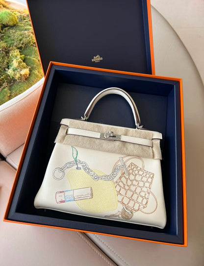 <NS - 未使用新品> Hermes | Kelly 25 奶油白銀釦 In and Out 塗鴉彩繪