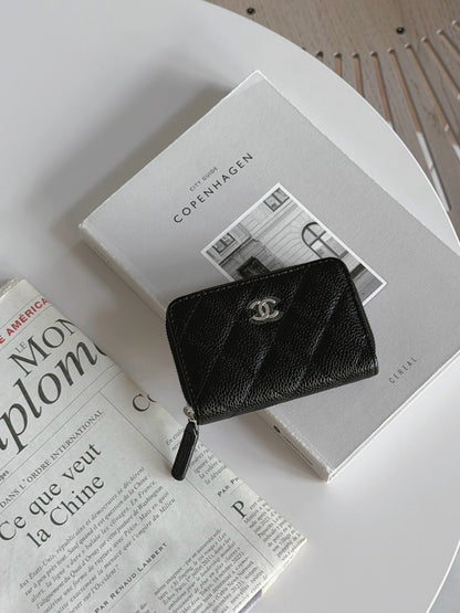 <NS - 未使用新品> Chanel | 經典拉鍊零錢包 黑色 銀釦 荔枝牛皮