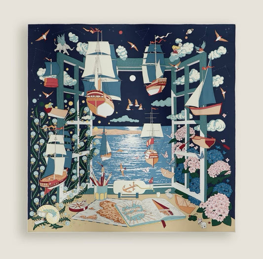 Hermès | 絲巾90 L’Esprit s’Envole 飛船絲巾 夜空藍