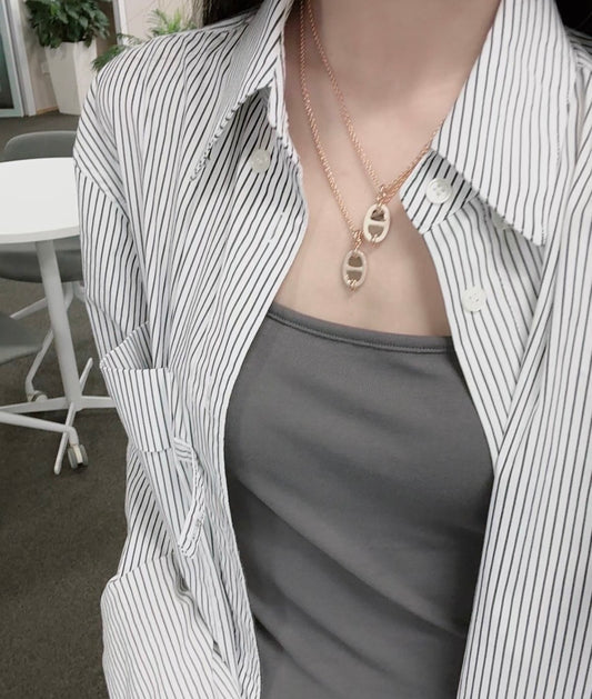 Hermès｜Mini Maillon 豬鼻子項鍊 奶茶色玫瑰金