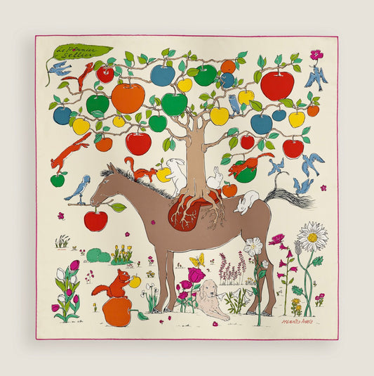 Hermès｜90絲巾 兔子與蘋果樹 奶油拼彩色蘋果