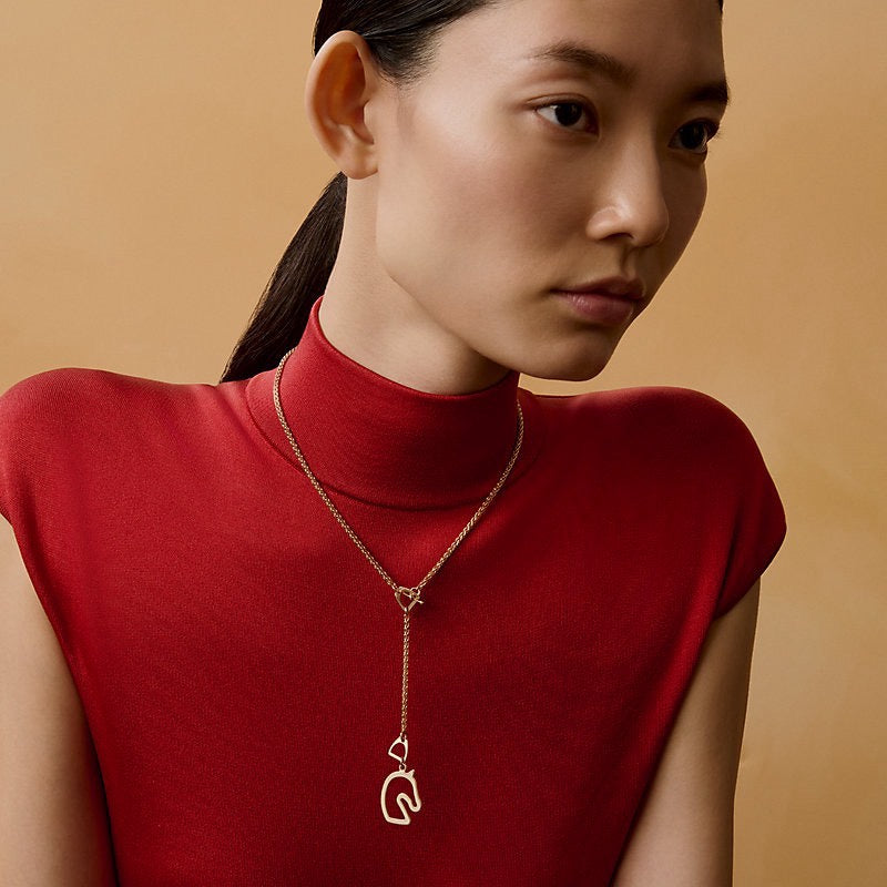 Hermès | Tonnerre 雙面馬頭鏤空Y 字項鍊 奶油白 X 玫瑰金
