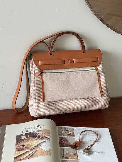<S - 99成新> Hermes | Herbag 31 金棕色 x 華夫格帆布