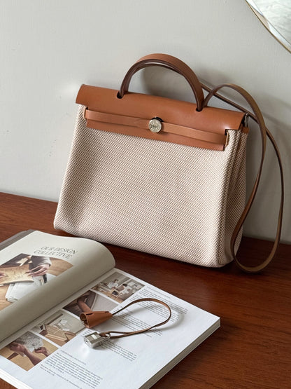 <S - 99成新> Hermes | Herbag 31 金棕色 x 華夫格帆布
