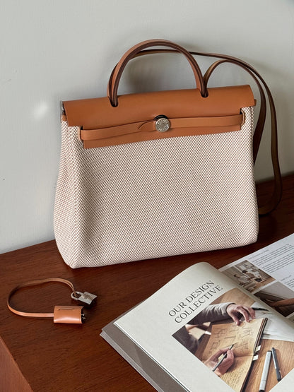 <S - 99成新> Hermes | Herbag 31 金棕色 x 華夫格帆布